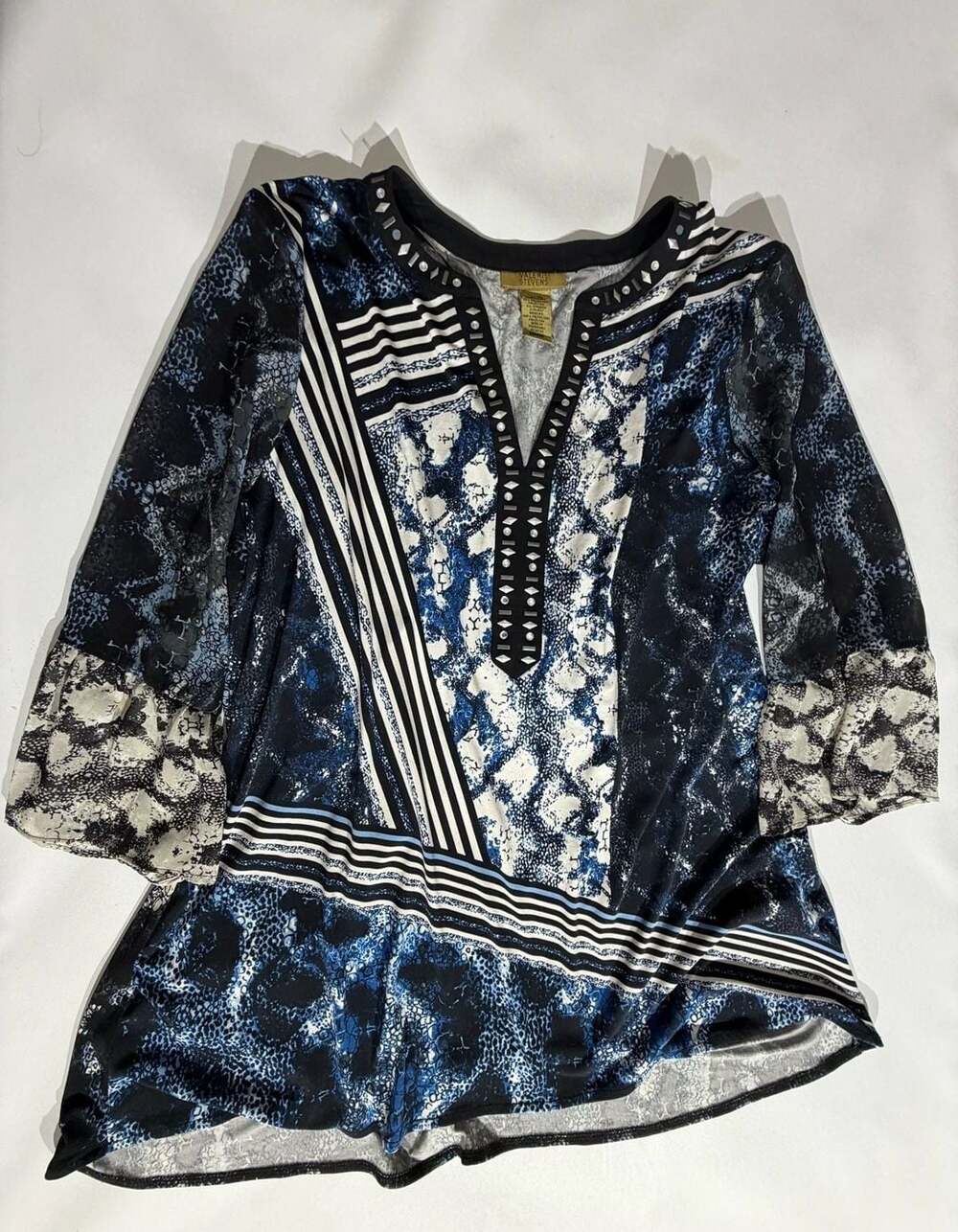 Valerie Stevens Blue Animal Print Embellished Top Womens XL